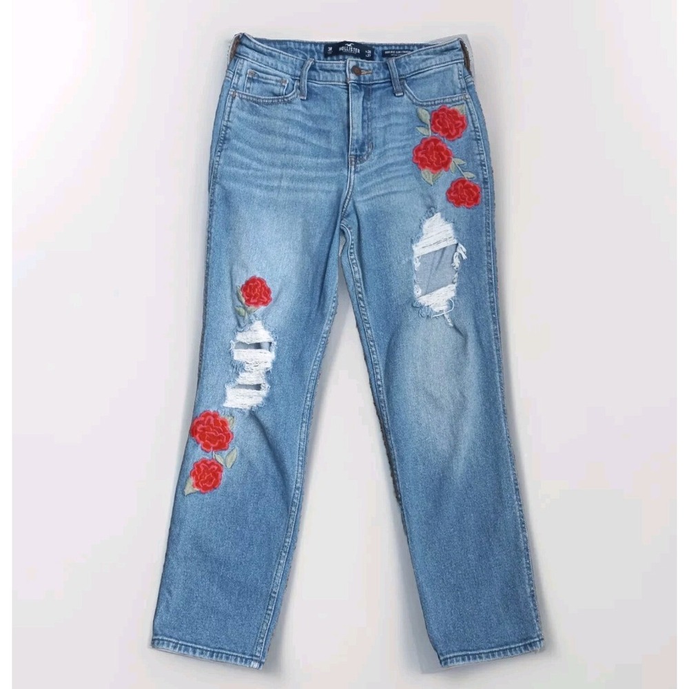 Hollister Jeans‎ Womens 3 Regular High Rise Vintage Straight Ripped Embroidered